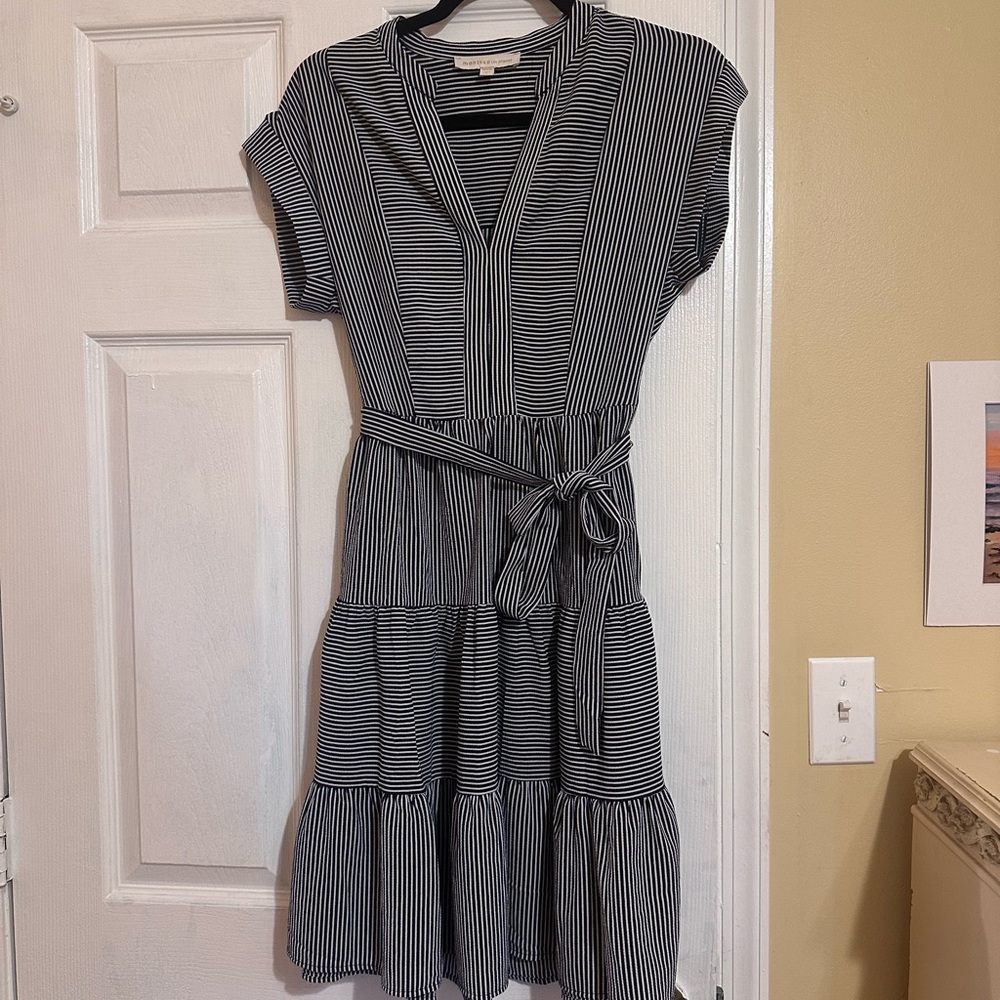 Navy Striped Dress with ruffle skirt and bow front tie